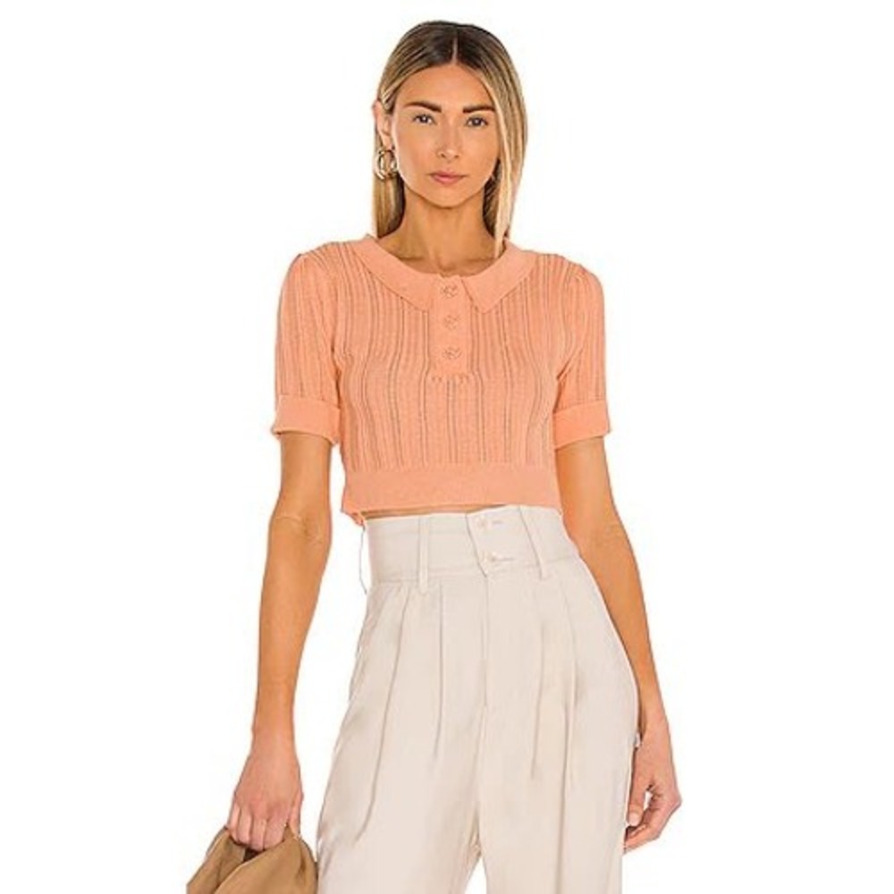 For Love & Lemons Phoebe Pointelle Polo Sweater in the color Sherbet Sz M | NWT‎